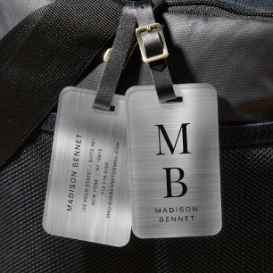 Elegantes monogrammiertes Silber gebürstet Metalli Gepäckanhänger