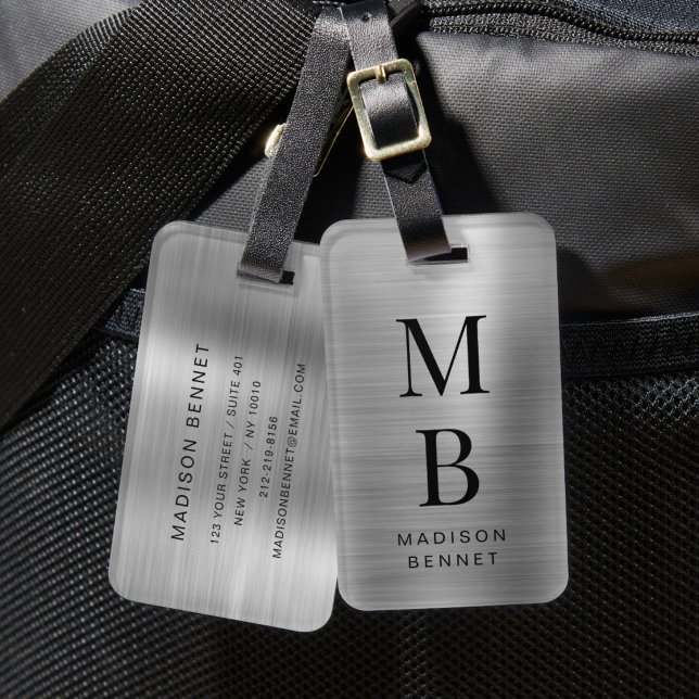 Elegantes monogrammiertes Silber gebürstet Metalli Gepäckanhänger (Elegant Monogrammed Silver Brushed Metallic Luggage Tag)