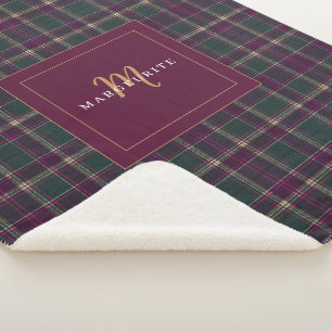 Elegantes monogrammiertes Tartanmuster Burgunderro Sherpadecke
