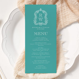 Elegantes Monogrammwappen Türkis Weiße Hochzeit Menükarte