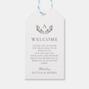 Elegantes Monongram & Blätter Gray Wedding Willkom Geschenkanhänger