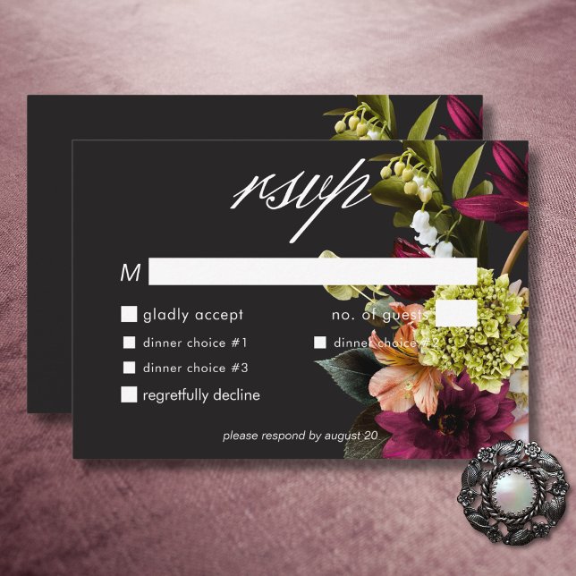 Elegantes Moody Burgundy & Pink Floral Dinner RSVP Karte (Elegant Moody Burgundy & Pink Floral Dinner RSVP Card)