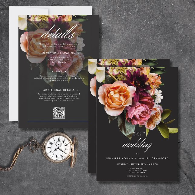 Elegantes Moody Burgundy & rosa Blütenmuster in ei Einladung (Elegant Moody Burgundy & Pink Floral All In One Invitation)