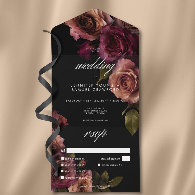 Elegantes Moody Mled Rust & Burgundy Floral Dinner All In One Einladung (Elegant Moody Muted Rust & Burgundy Floral Dinner All In One Invitation)