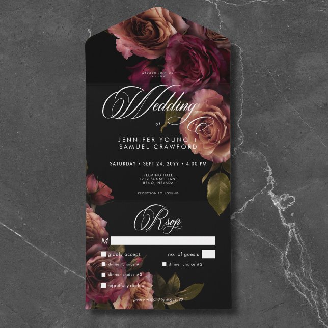 Elegantes Moody Mled Rust & Burgundy Floral Dinner All In One Einladung (Elegant Moody Muted Rust & Burgundy Floral Dinner All In One Invitation)