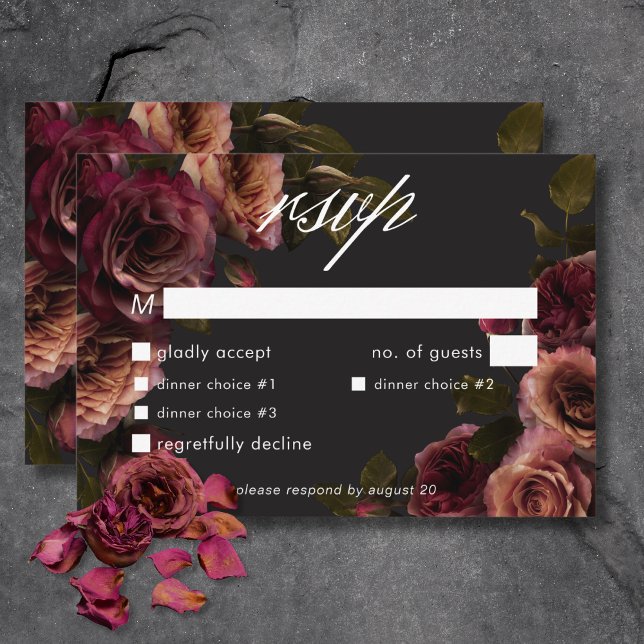 Elegantes Moody Mled Rust & Burgundy Floral Dinner RSVP Karte (Elegant Moody Muted Rust & Burgundy Floral Dinner RSVP Card)