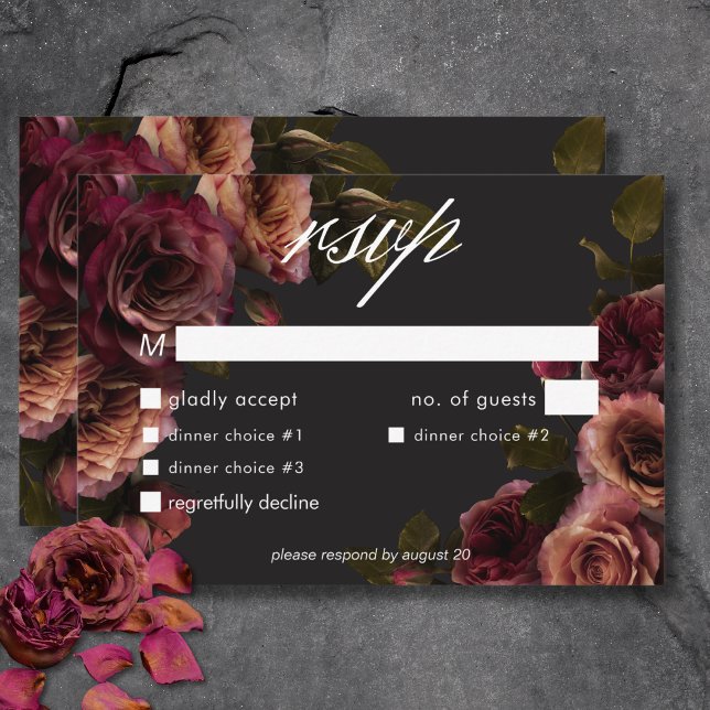 Elegantes Moody Mled Rust & Burgundy Floral Dinner RSVP Karte (Elegant Moody Muted Rust & Burgundy Floral Dinner RSVP Card)