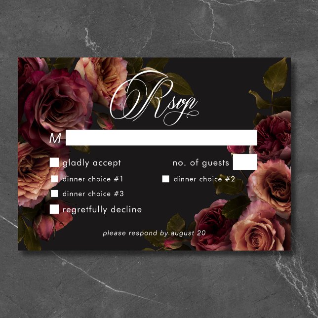 Elegantes Moody Mled Rust & Burgundy Floral Dinner RSVP Karte (Elegant Moody Muted Rust & Burgundy Floral Dinner RSVP Card)