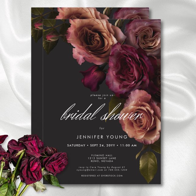 Elegantes Moody Rust & Burgundy Brautparty Einladung (Elegant Moody Rust & Burgundy Floral Bridal Shower Invitation)