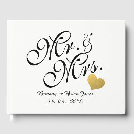 Elegantes Mr. & Mrs. Script Gold Heart Foto Hochze Gästebuch