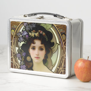 Elegantes Mucha-Stil-Porträt einer schönen Frau Metall Brotdose