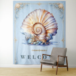 Elegantes Muschel-Strand-Hochzeits-Willkommensschi Wandteppich