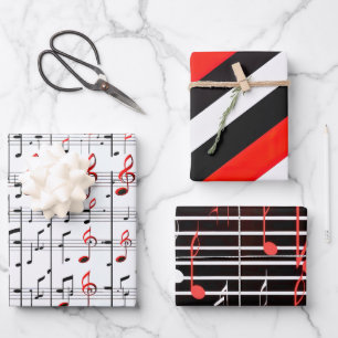 Elegantes Musikblatt Rot, Weiß und Schwarz Geschenkpapier Set