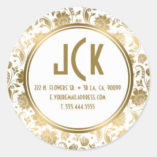 Elegantes Muster aus weißem und goldfarbenem Damas Runder Aufkleber