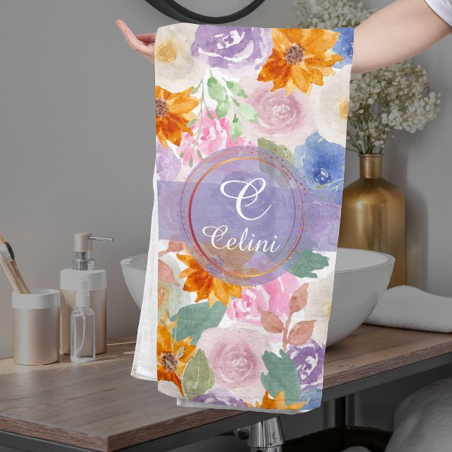 Elegantes Muster der grünen Wasserfarbe Blumenmust Badhandtuch Set (Elegant Sage Green Floral Monogram Bath Towel Set)