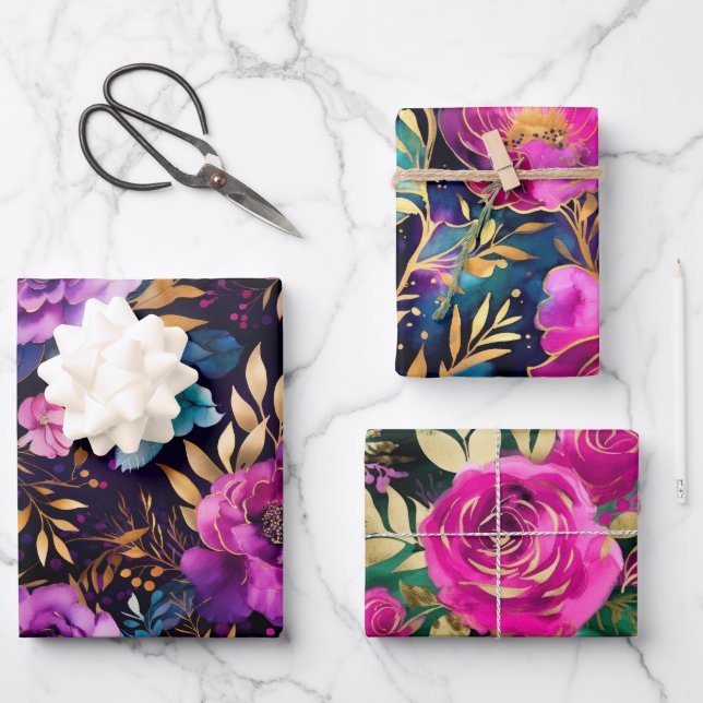 Elegantes Muster für Lila und Aquamarine Blume Geschenkpapier Set (Vorderseite)