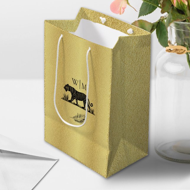Elegantes Muster Gold Black Monogram Medium Gesche Mittlere Geschenktüte (Von Creator hochgeladen)