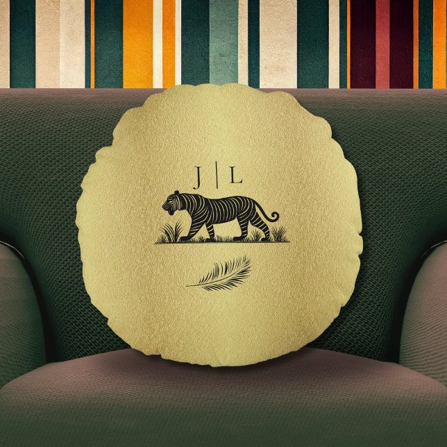 Elegantes Muster Gold Black Monogram Rundes Kissen (Von Creator hochgeladen)