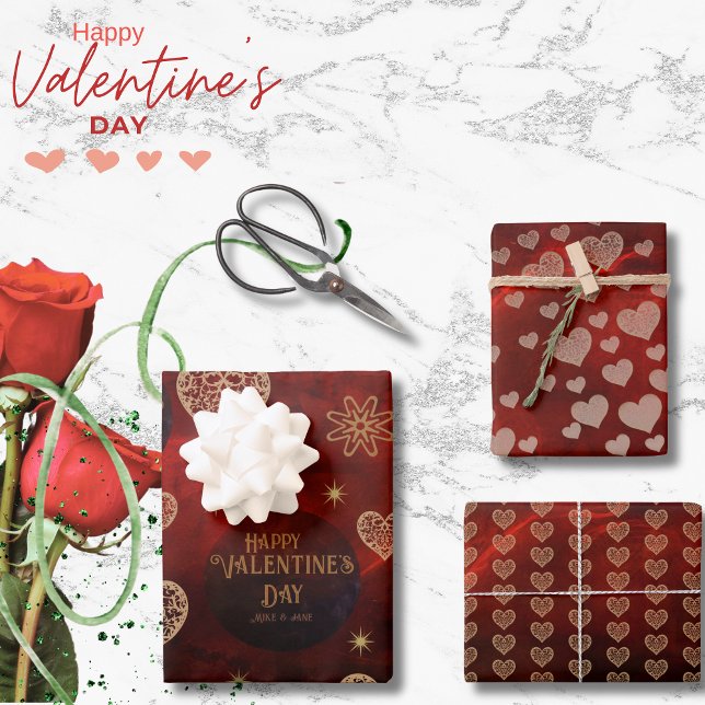 Elegantes Muster Red Gold Hearts Valentine Geschenkpapier Set (Elegant Pattern Red Gold Hearts Valentine Wrapping Paper Sheets)