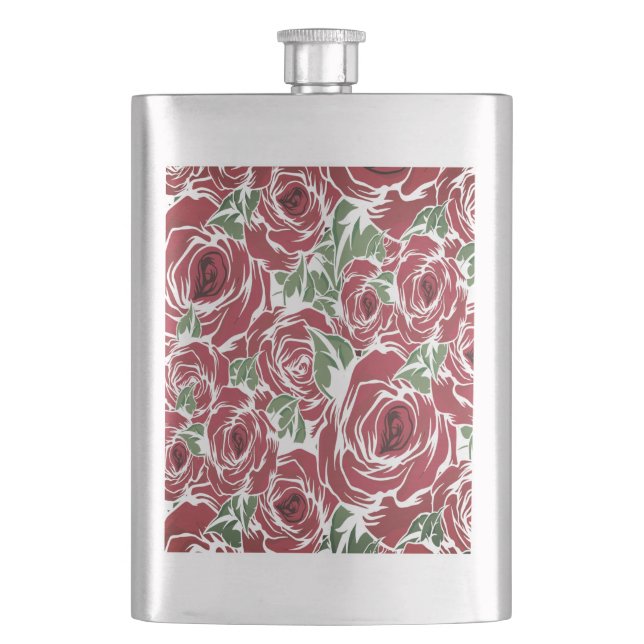 Elegantes Muster Vintager Rose - Rot und Grün Flachmann (Vorderseite)