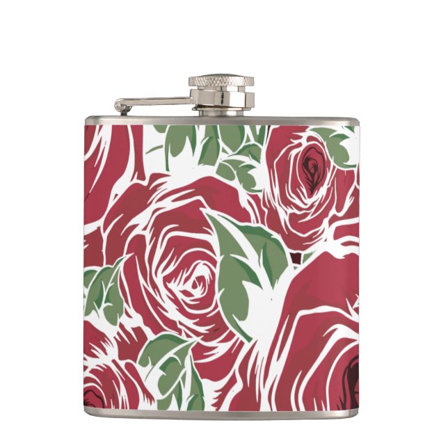 Elegantes Muster Vintager Rose - Rot und Grün Flachmann (Vorderseite)