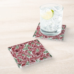 Elegantes Muster Vintager Rose - Rot und Grün Glasuntersetzer