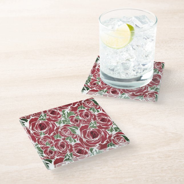 Elegantes Muster Vintager Rose - Rot und Grün Glasuntersetzer (Schrägansicht)