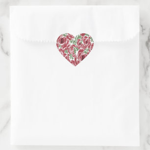 Elegantes Muster Vintager Rose - Rot und Grün Herz-Aufkleber