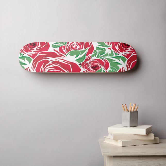 Elegantes Muster Vintager Rose - Rot und Grün Skateboard (Wandkunst (Horz))