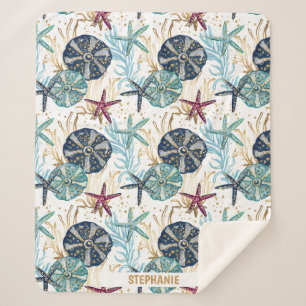 Elegantes Muster von Blauen und goldenen Ozeanen Sherpadecke