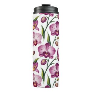 Elegantes nahtloses Muster aus lila und rosa Orchi Thermosbecher