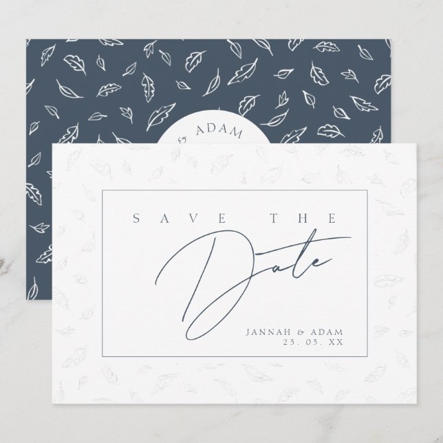 Elegantes Navy-Blatt-Monogramm Save The Date (Vorne/Hinten)