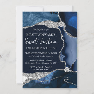 Elegantes Navy Blau Achat & Silber Glitter Sweet 1 Einladung