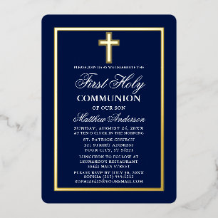Elegantes Navy-Blau Erstkommunion-Kreuz Gold Folieneinladung