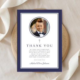 Elegantes Navy Blau Foto Junge Erste Kommunion Dankeskarte