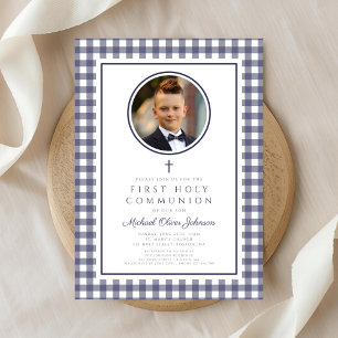 Elegantes Navy-Blau Foto Junge Erste Kommunion Einladung