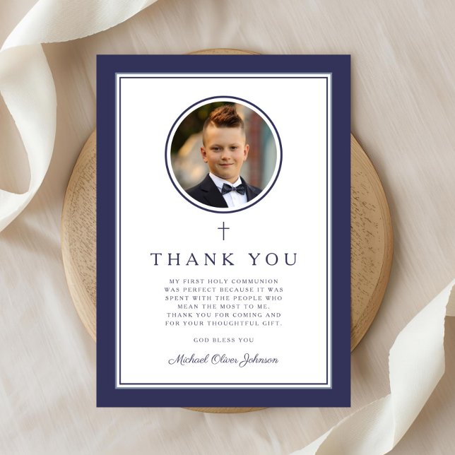 Elegantes Navy Blau Foto Junge Erstkommunion Dankeskarte (Elegant Navy Blue Photo Boy First Communion Thank You Card)
