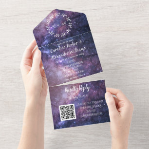 Elegantes Navy-Blau-Galaxie-Moderne-RSVP-QR-Code A All In One Einladung