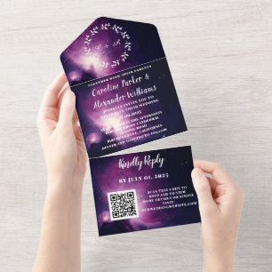 Elegantes Navy-Blau-Galaxie-Moderne-RSVP-QR-Code All In One Einladung