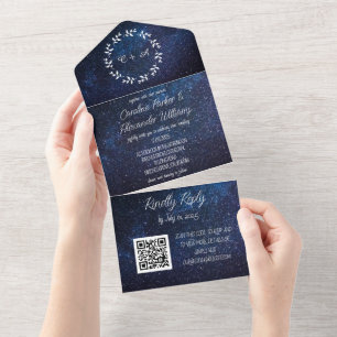 Elegantes Navy-Blau-Galaxie-Moderne-RSVP-QR-Code All In One Einladung