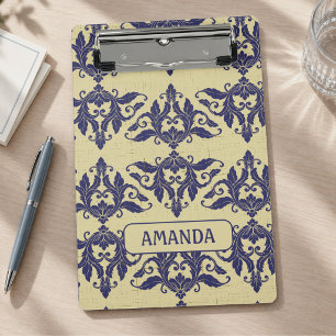 Elegantes Navy Blau Gelbes Damast-Monogramm Mini Klemmbrett