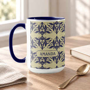 Elegantes Navy Blau Gelbes Vintage-Damaskus-Monogr Tasse