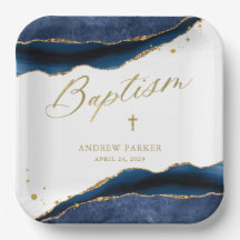 Elegantes Navy Blau Geode mit Goldkreuz | Taufe