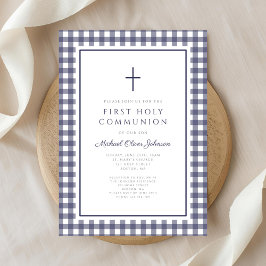 Elegantes Navy Blau Gingham Jungen Erstkommunion Einladung