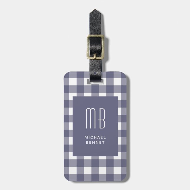 Elegantes Navy Blau Gingham Monogramm Gepäckanhänger (Vorderseite vertikal)