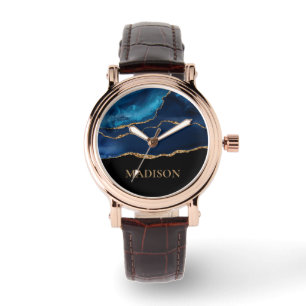 Elegantes Navy Blau Gold Glitter Schwarz Vorname Armbanduhr