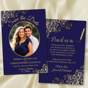 Elegantes Navy Blau & Gold Oval Foto Fancy Hochzei Save The Date