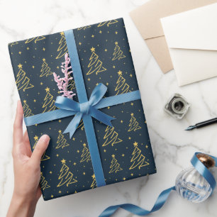 Elegantes Navy-Blau-Gold-Weihnachtsbaum-Muster Geschenkpapier