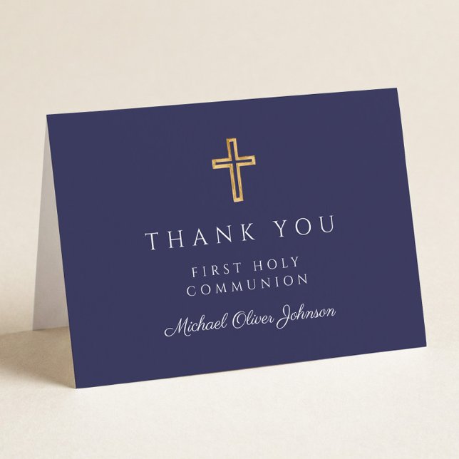 Elegantes Navy Blau Jungen Erstkommunion  Dankeskarte (Von Creator hochgeladen)