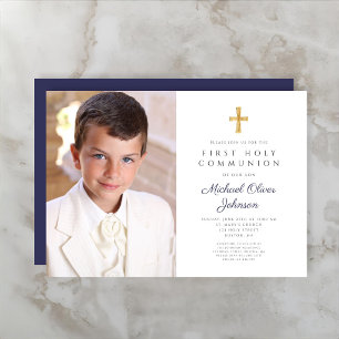 Elegantes Navy-Blau-Kreuz-Foto Junge Erste Kommuni Einladung